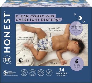 The Honest Company Clean Conscious Overnight Diapers for Sensitive Skin in Cozy Cloud and Star Signs design – hypoallergenic and fragrance-free"