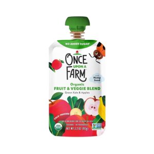 Once Upon A Farm Organic Green Kale & Apples Pouch 3.2 oz — cold-pressed organic baby food made with apple, banana, kale, and hemp seed; USDA Organic, Non-GMO, no added sugar, healthy snack for babies and toddlers —