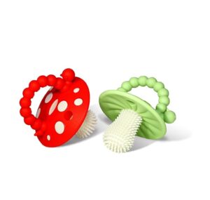 “RaZbaby Soft Silicone Infant & Baby 3M+ Teether Toy with Massaging Bristles — BPA-Free Hands-Free Chompy Teether in Red and Green color for soothing sore gums”