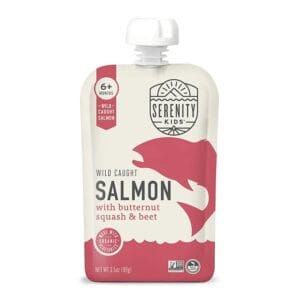 Serenity Kids 6+ Months Baby Food Pouch with Wild-Caught Salmon, Organic Butternut Squash, and Beet in BPA-Free Packaging