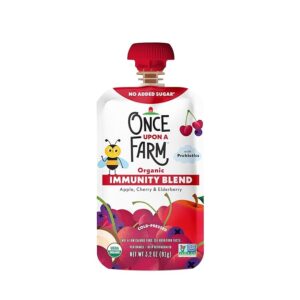 Once Upon a Farm Organic Apple, Cherry & Elderberry Immunity Blend 3.2 oz pouch front label.