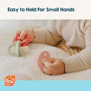 “RaZbaby Soft Silicone Infant & Baby 3M+ Teether Toy with Massaging Bristles — BPA-Free Hands-Free Chompy Teether in Red and Green color for soothing sore gums”