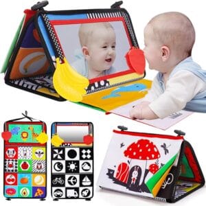 “Tummy Time Baby Mirror Infant Toy – Black and White High Contrast Mirror with Crinkle Cloth Book and Teether for 0–6 Month Newborn Development”