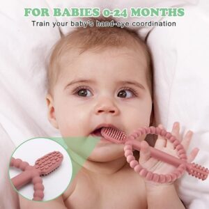 “Baby using silicone teething toy with easy-hold handle for self-soothing and teething comfort.”