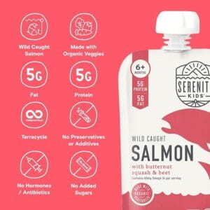 Serenity Kids 6+ Months Baby Food Pouch with Wild-Caught Salmon, Organic Butternut Squash, and Beet in BPA-Free Packaging