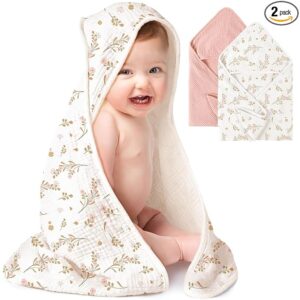 “Konssy 2-Pack Muslin Hooded Baby Towels Pink Floral Design”