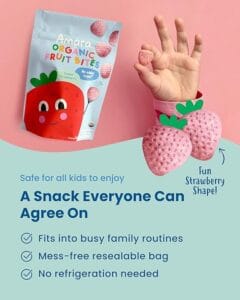Pack of Amara Organic Fruit Bites Sweet Strawberry 6-pack — no added sugar, dairy-free, nut-free organic fruit snacks for kids.