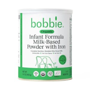 Bobbie Organic Infant Formula milk-based powder with iron, DHA, and vitamin D, 14.1 oz can, modeled after breast milk.