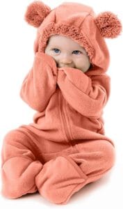 Baby wearing Cuddle Club fleece bunting suit with hood and fold-over mittens