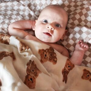 LifeTree Muslin Swaddle Blanket in bear and checkered design, soft bamboo cotton baby swaddle 47x47 inches for newborns