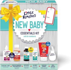 “Little Remedies New Baby Essentials Kit with saline nasal spray, diaper rash cream, gas relief drops, and gripe water — safe for newborns.”