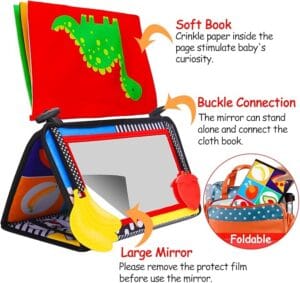 “Tummy Time Baby Mirror Infant Toy – Black and White High Contrast Mirror with Crinkle Cloth Book and Teether for 0–6 Month Newborn Development”