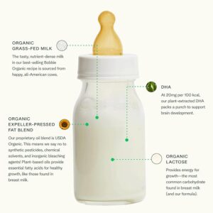 Parent preparing bottle with Bobbie Organic Infant Formula milk-based powder for newborn baby.
