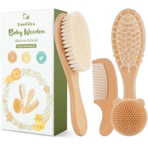 Yoofoss 4 Piece Baby Brush and Comb Set with Wooden Handle