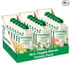 “Beech-Nut Baby Food Pouches Variety Pack — 18-pack of 3.5 oz veggie purees for babies 6+ months.”