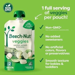 “Beech-Nut Baby Food Pouches Variety Pack — 18-pack of 3.5 oz veggie purees for babies 6+ months.”