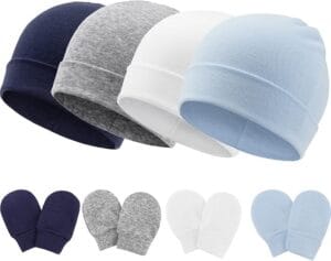 BQUBO baby hats and mittens set for newborns made from soft cotton featuring no-scratch gloves and hospital style beanie for boys and girls displayed in neutral baby colors