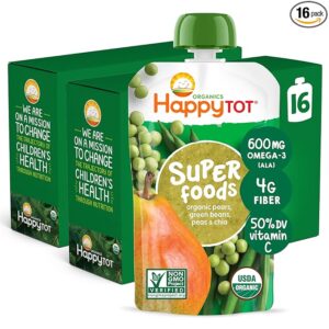 Happy Tot Organics Stage 4 Baby Food Pouches Pears Peas Green Beans & Chia – Organic Vegan Toddler Snack, Gluten-Free Superfood Puree.