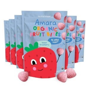 Pack of Amara Organic Fruit Bites Sweet Strawberry 6-pack — no added sugar, dairy-free, nut-free organic fruit snacks for kids.