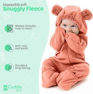 Soft fleece baby bodysuit for winter with hood and booties by Cuddle Club