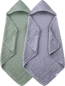 “2 Pack Hooded Baby Towels 100% Muslin Cotton for Newborns, Infants, Toddlers – Green and Grey”