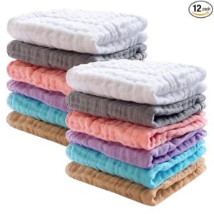 SWEET DOLPHIN 12 Pack Baby Muslin Washcloths – Soft, Absorbent, Multicolor Face Cloths for Newborns and Toddlers
