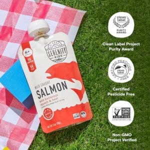 Serenity Kids 6+ Months Baby Food Pouch with Wild-Caught Salmon, Organic Butternut Squash, and Beet in BPA-Free Packaging