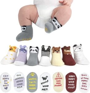 ZIRI & ZANE Baby Sock Gift Set – 7 unique pairs of cute and funny unisex newborn socks in neutral colors, perfect for baby showers and registries.