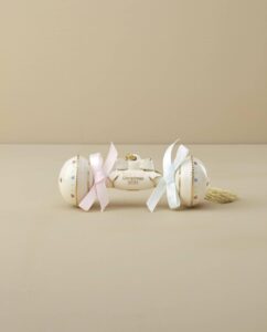 Lenox 895758 2024 Baby’s First Christmas Tree Ornament Rattle — porcelain rattle with ribbon hanger