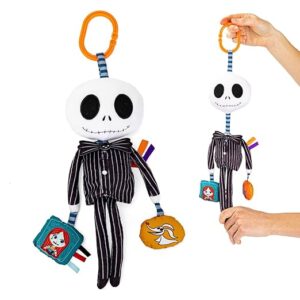 “Disney Baby Nightmare Before Christmas Jack Skellington On The Go Activity Toy with teether, clip, bell chime, and pull-through arms for babies.”