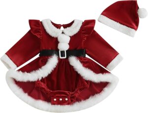 Newborn Baby Girl Christmas Outfit red velvet plaid romper dress with ruffle long sleeves