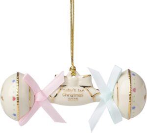 “Lenox Ornament 2025 Baby’s 1st Christmas Rattle Ornament in porcelain with gold accents and pink ribbon.”