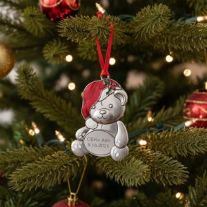 Personalization Universe My First Christmas Teddy Bear Ornament engraved with baby’s name and birth date – perfect newborn keepsake for boys and girls.