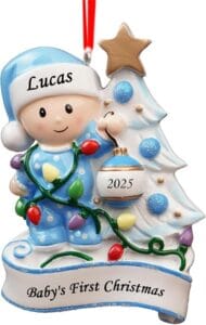 Witfox 2025 Personalized Baby’s First Christmas Ornament for Boys in Baby Blue with Name and Year