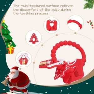 “Red silicone Christmas teething ring for babies, safe soft chew toy for 0–18 months.”