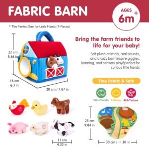 Hahaland Surprise Barn toy open with plush farm animals and sound buttons — Montessori sensory toy for 6-12 month olds.