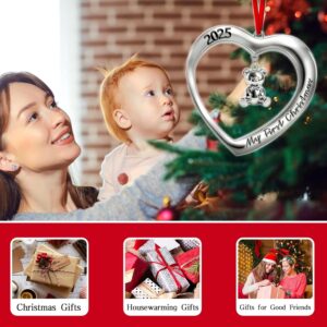 “Gift-ready packaging of Baby’s First Christmas Ornament 2025 with heart and teddy bear design”