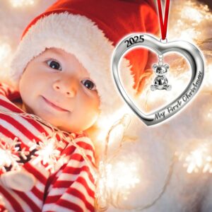 Teddy bear charm detail on Baby’s First Christmas Heart Ornament 2025”