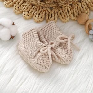 Soft knit baby booties for newborn boys and girls, cozy crochet first walker crib shoes, warm non-slip infant sock shoes