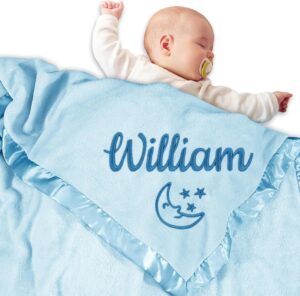 “Personalized Baby Blanket with Name – Soft Blue Flannel Swaddle Blanket for Newborn Boys”