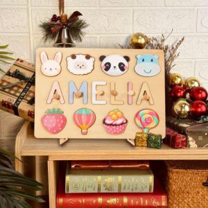 Personalized wooden name puzzle for kids, Montessori educational toy, gift-wrapped for birthday or Christmas.