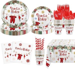 “Winter Santa Baby Shower Decorations 193pcs MEHOFOND Party Supplies Set with Snowflake Plates, Cups, Napkins, and Christmas Tablecloth.”