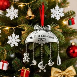Baby’s First Christmas Ornament 2025 hanging on Christmas tree