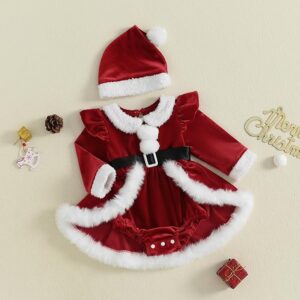 Baby girl Christmas romper dress winter outfit red velvet and plaid design