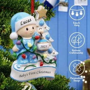 Witfox 2025 Personalized Baby’s First Christmas Ornament for Boys in Baby Blue with Name and Year