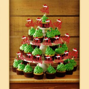 24Pcs Christmas Oh Baby Cupcake Toppers Glitter Santa Hat Red for Baby Shower