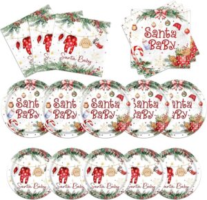 "Christmas Baby Shower Decorations 60Pcs Santa Baby Party Plates and Napkins Winter Holiday Tableware Set for Xmas Baby Shower"