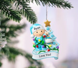 Personalized Baby’s First Christmas Ornament 2025 Baby Boy in Pajamas with Christmas Tree