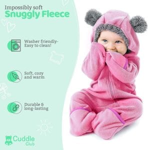 warm baby fleece bodysuit with hood and mittens