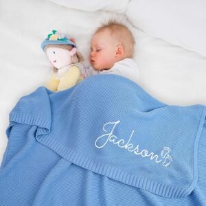 Personalized baby blanket embroidered with name in soft knit fabric